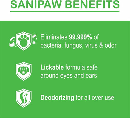 Dog paws being treated with PawZ SaniPaw cleaning spray