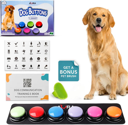 A-URA dog talking buttons front view of six colored recordable buzzers on mat