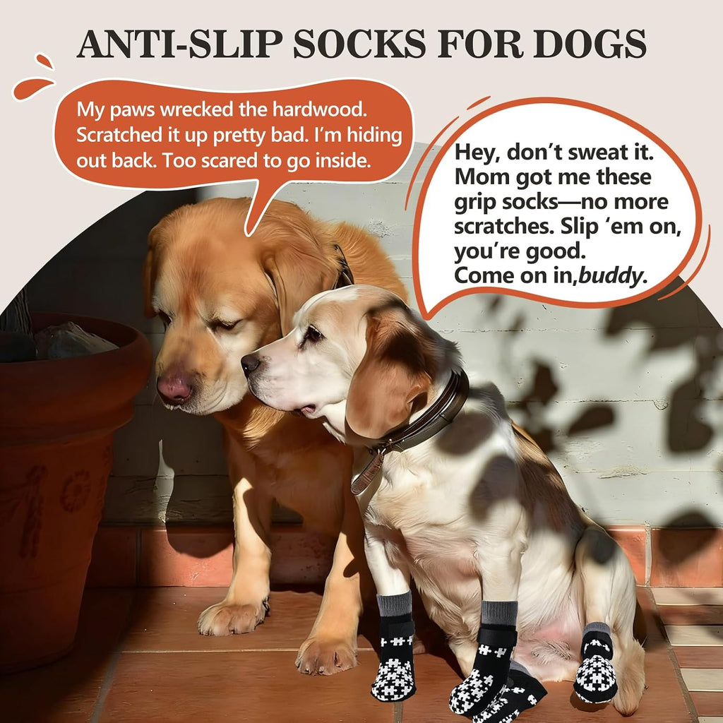 Senior dog wearing black grippy socks on hardwood floor