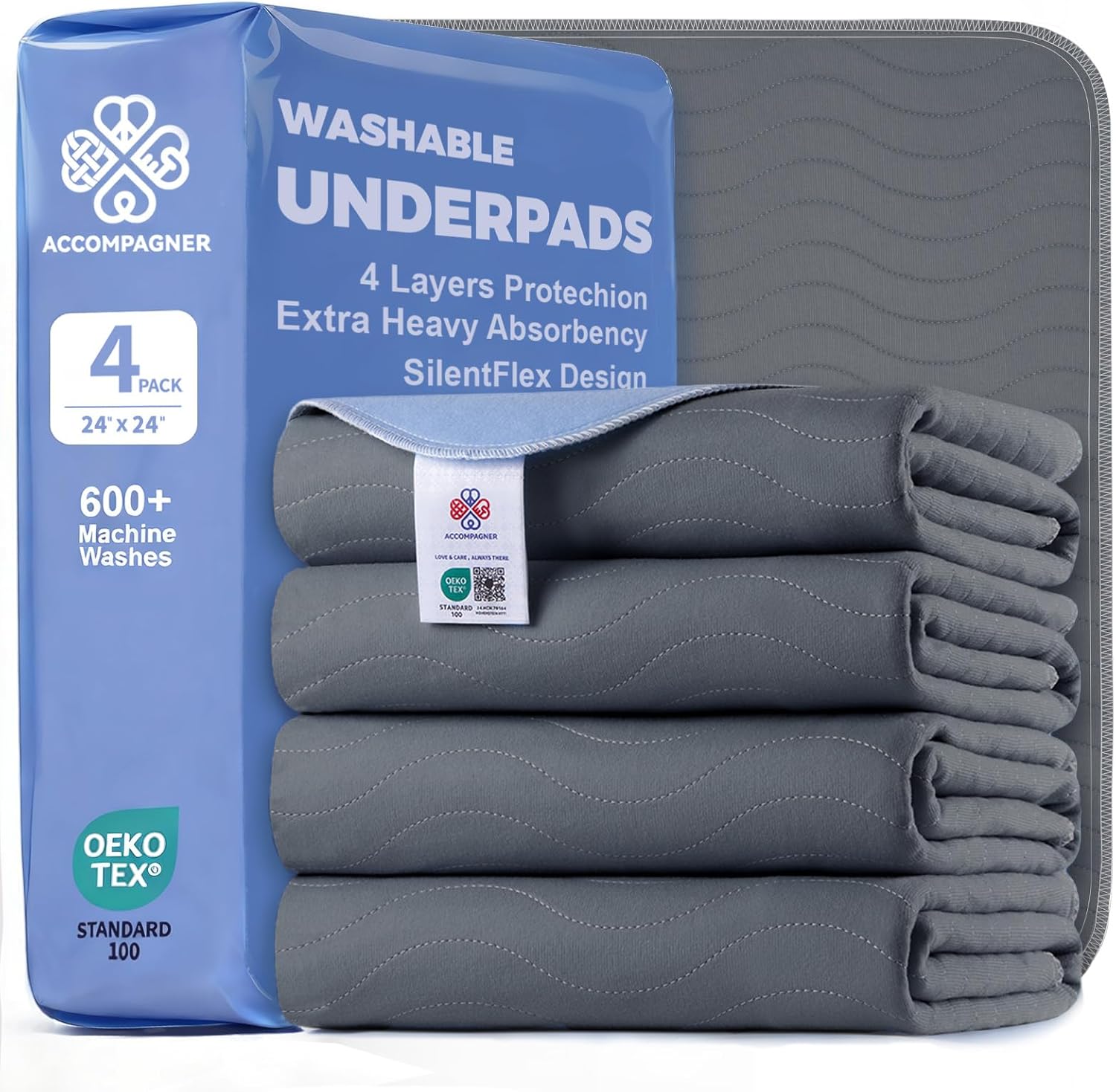 Accompagner waterproof reusable incontinence bed pads front view showing the dark gray quilted fabric texture.