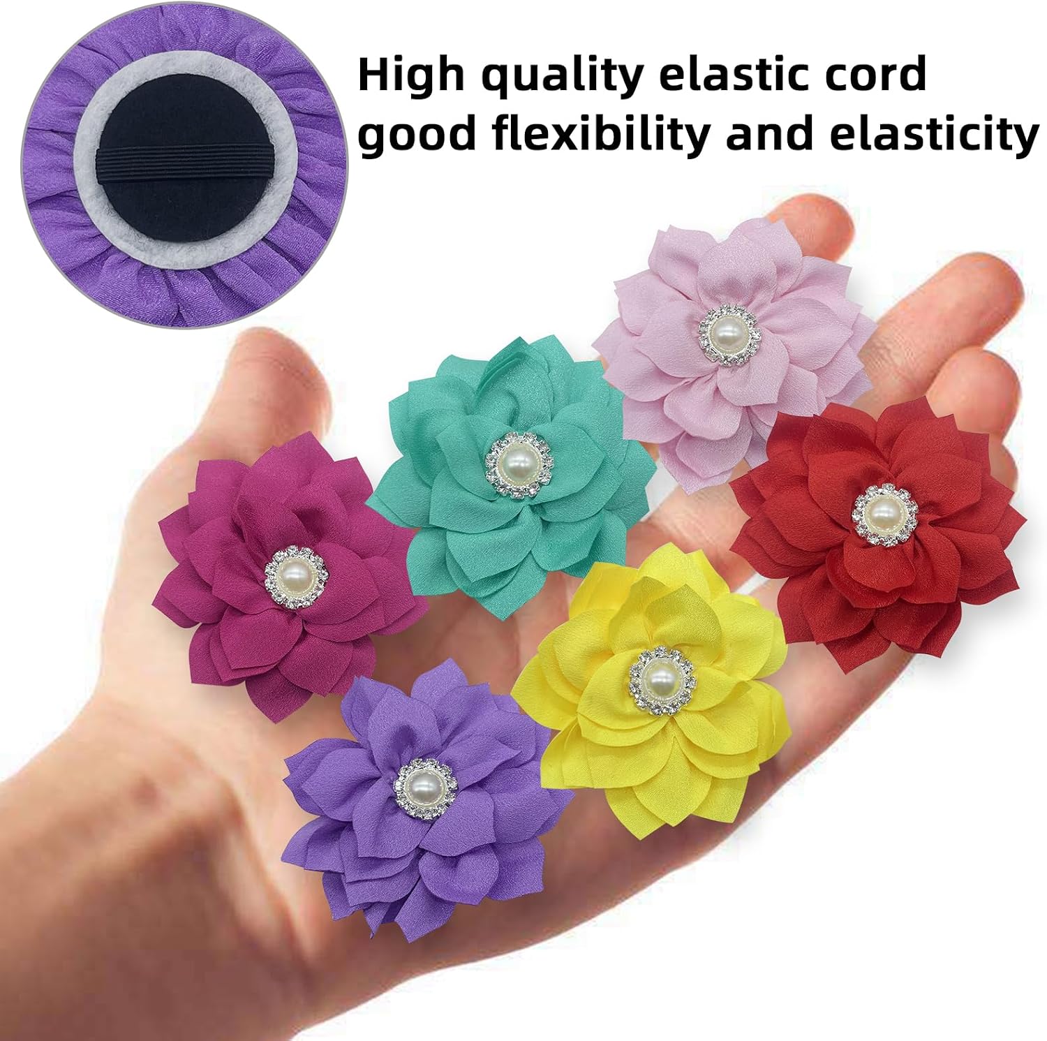 Removable dog collar flower attachment set showcasing the pearl center details