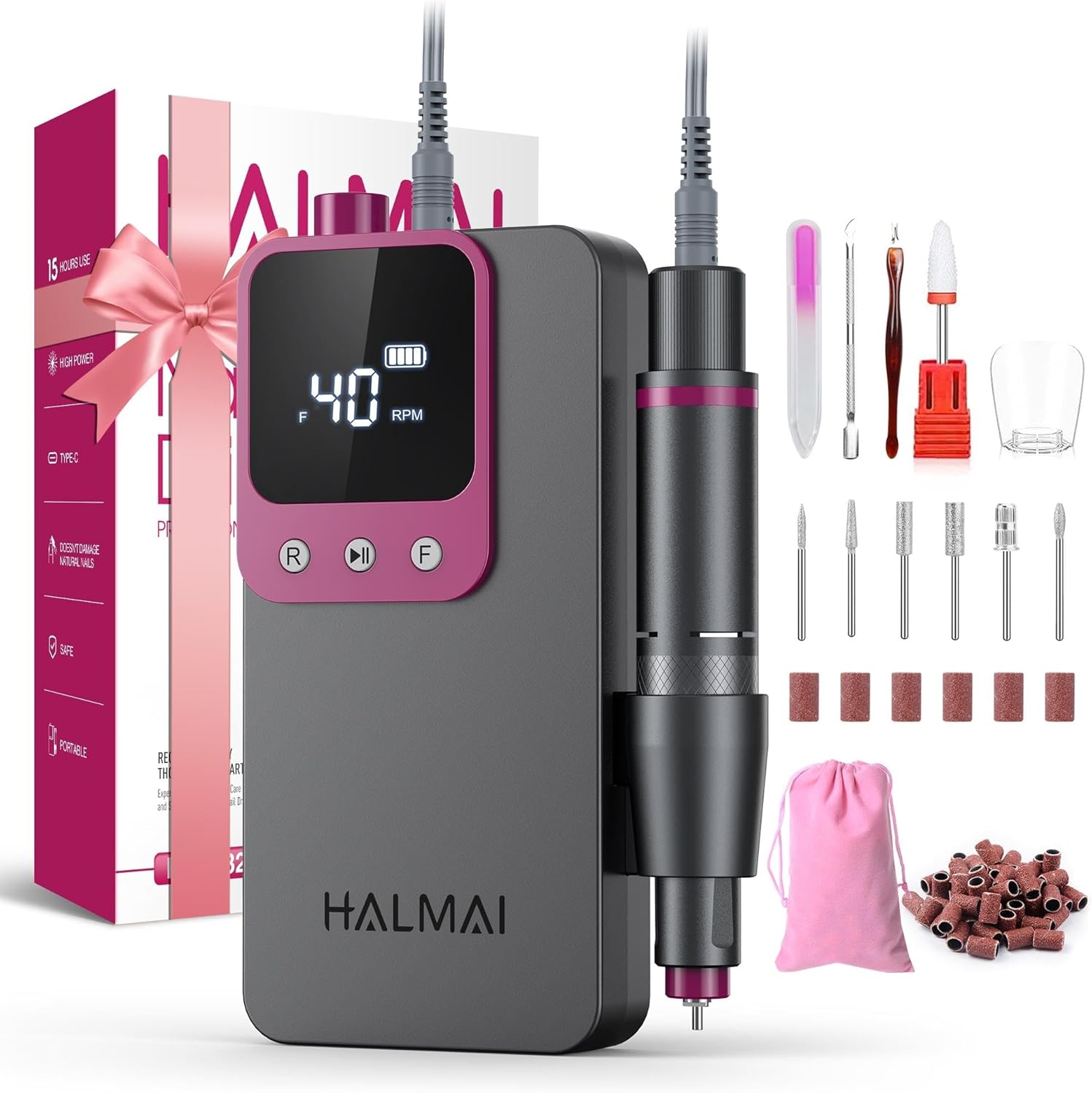Halmai Electric Nail Drill Professional front view showing the dark grey power control box and digital screen