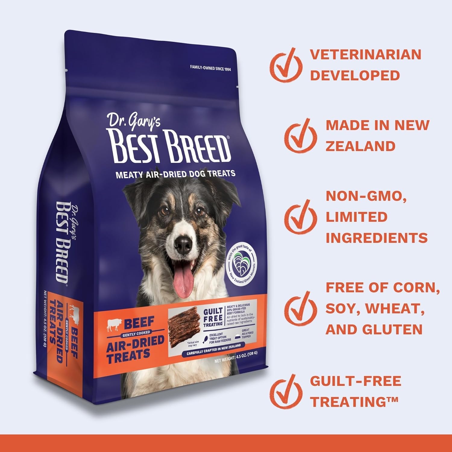 Limited ingredient single protein beef dog treat bag displaying ingredient list info