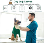 Medium size green protective sleeve on a canine front leg wound area
