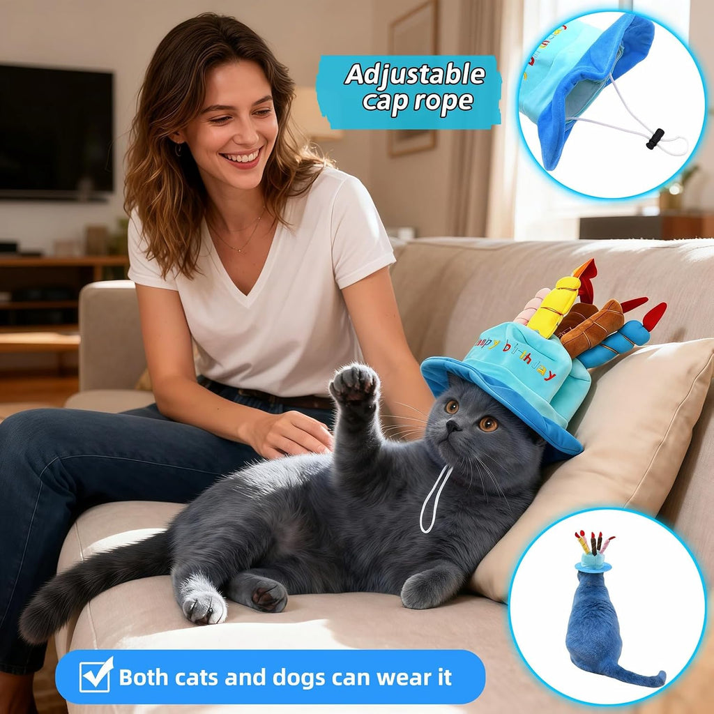 Pet Birthday Hat with Sound Generator, Blue Plush Cake Design with 5 Candles, Adjustable Party Hat for Dogs and Cats, 7.09 x 3.54 x 2.56InchBlue - Image 9