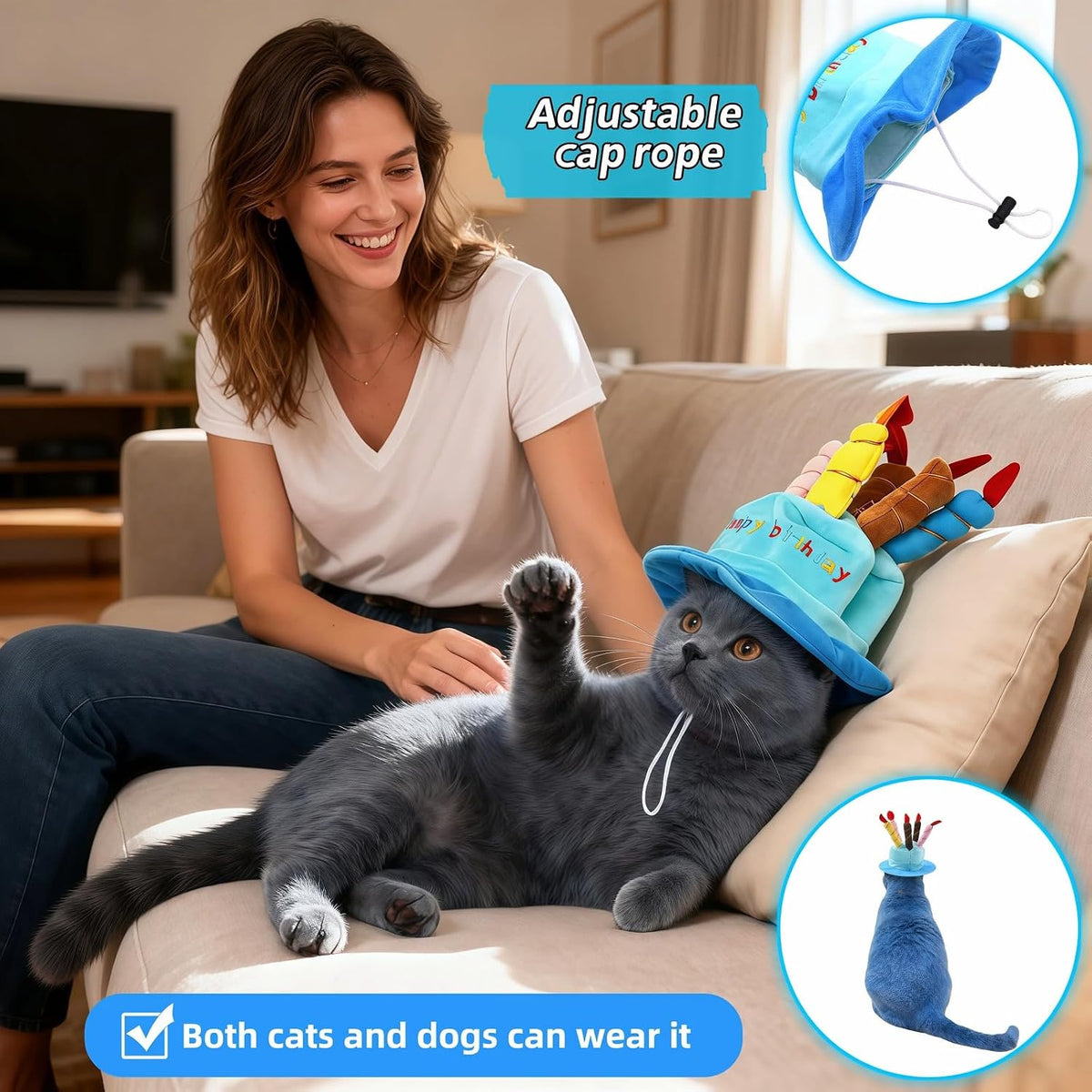 Pet Birthday Hat with Sound Generator, Blue Plush Cake Design with 5 Candles, Adjustable Party Hat for Dogs and Cats, 7.09 x 3.54 x 2.56InchBlue - Image 9