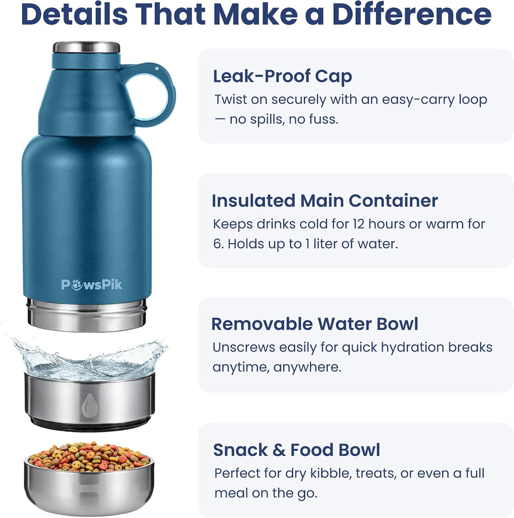 PawsPik midnight summit blue dog travel set showing food and water bowls attached