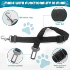 Black nylon dog seat belt strap showing adjustable buckle