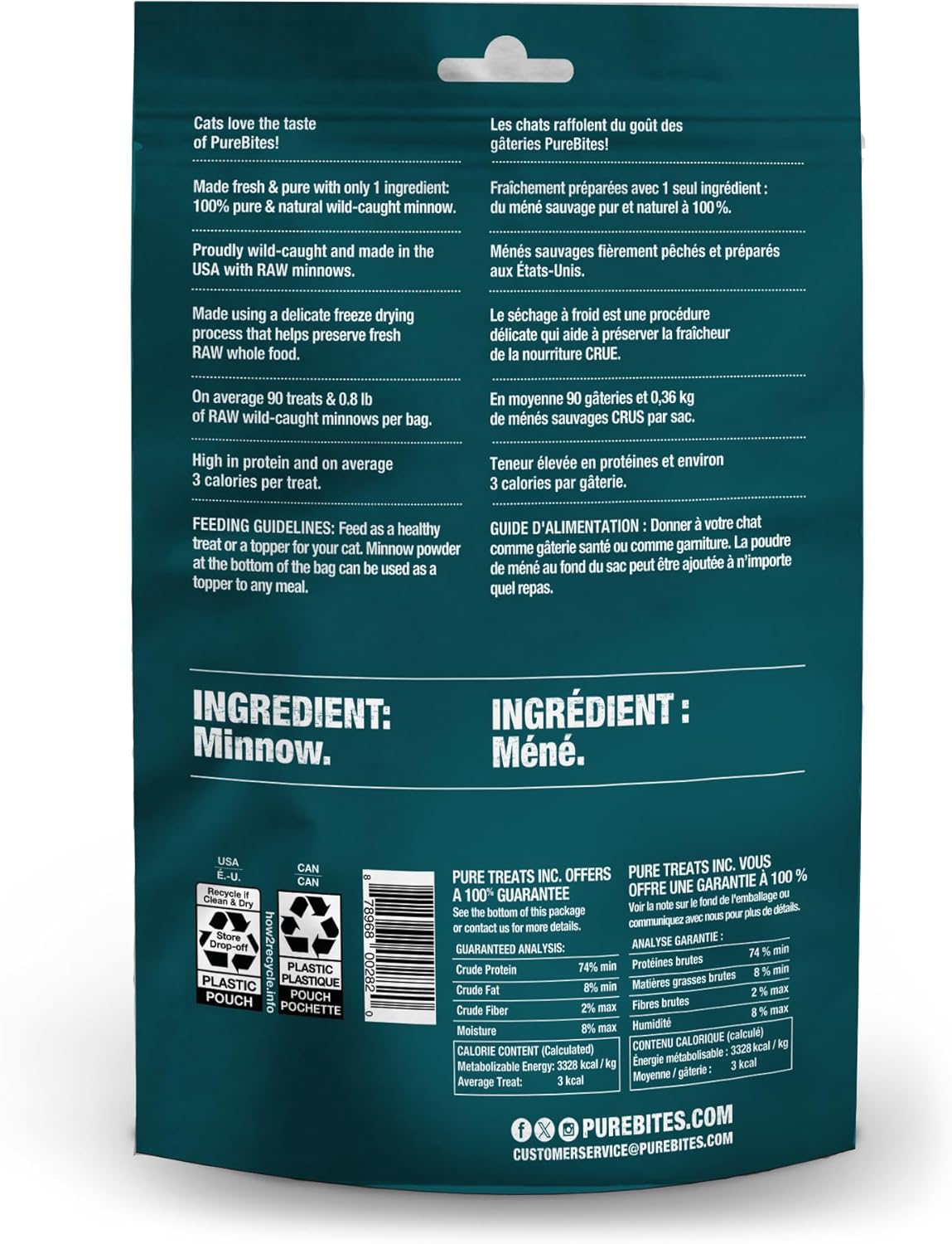 PureBites freeze dried single ingredient cat snack bag highlighting product made in USA certification.