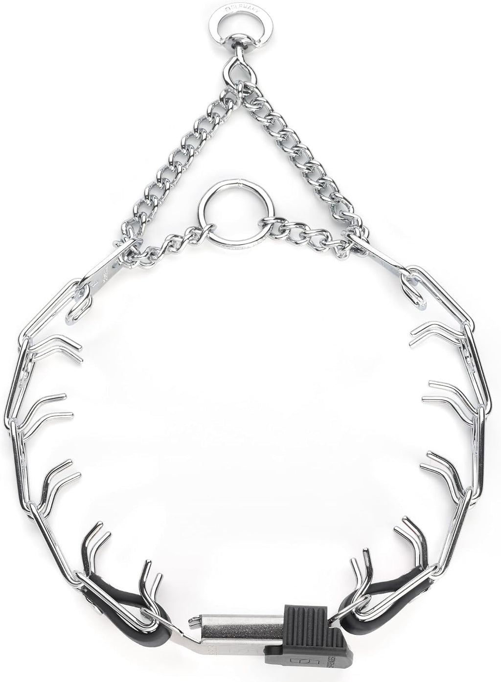 Close up view of the durable black Biothane insert and steel swivel ring on the Herm Sprenger training collar.