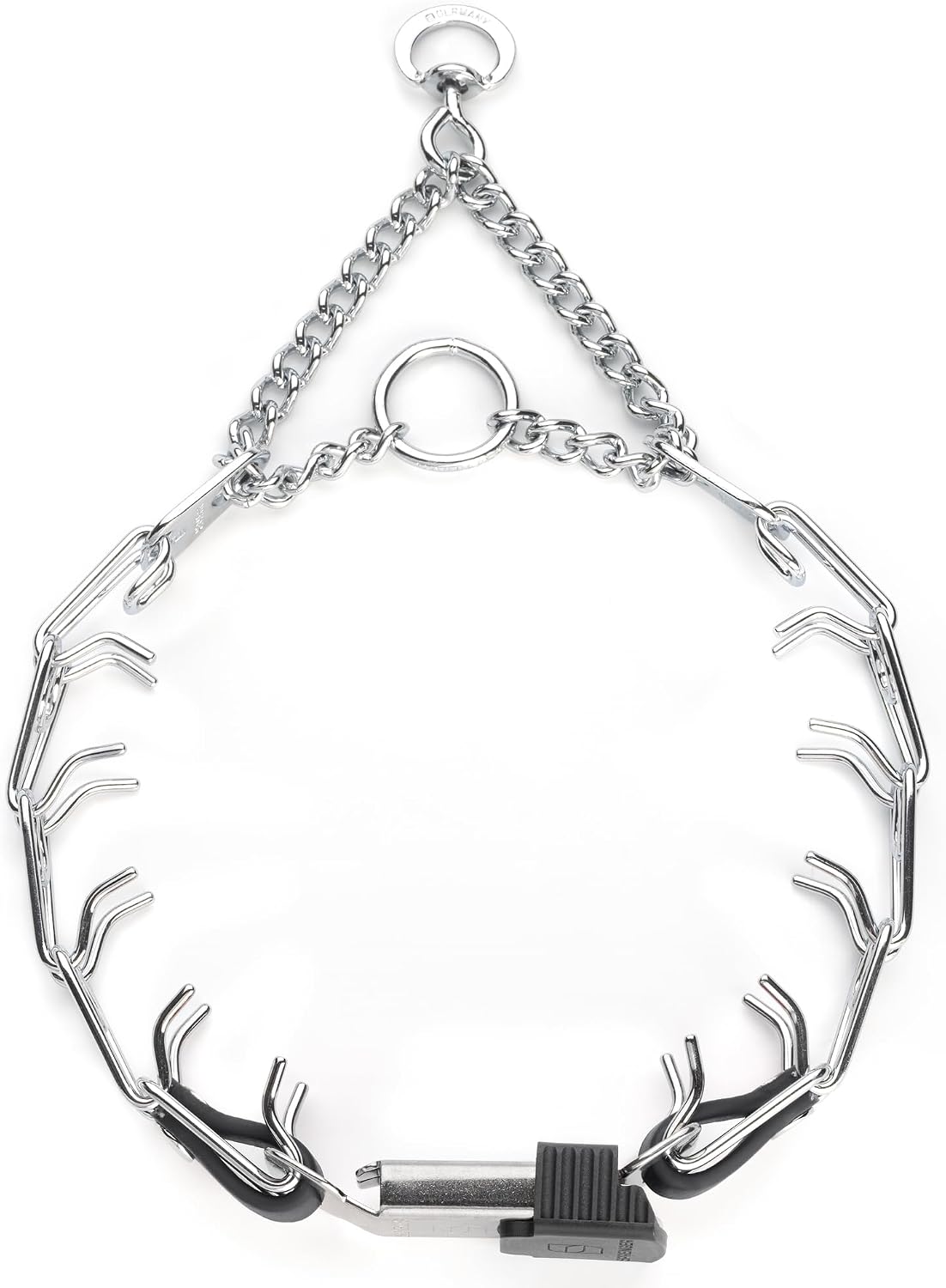 Close up view of the durable black Biothane insert and steel swivel ring on the Herm Sprenger training collar.