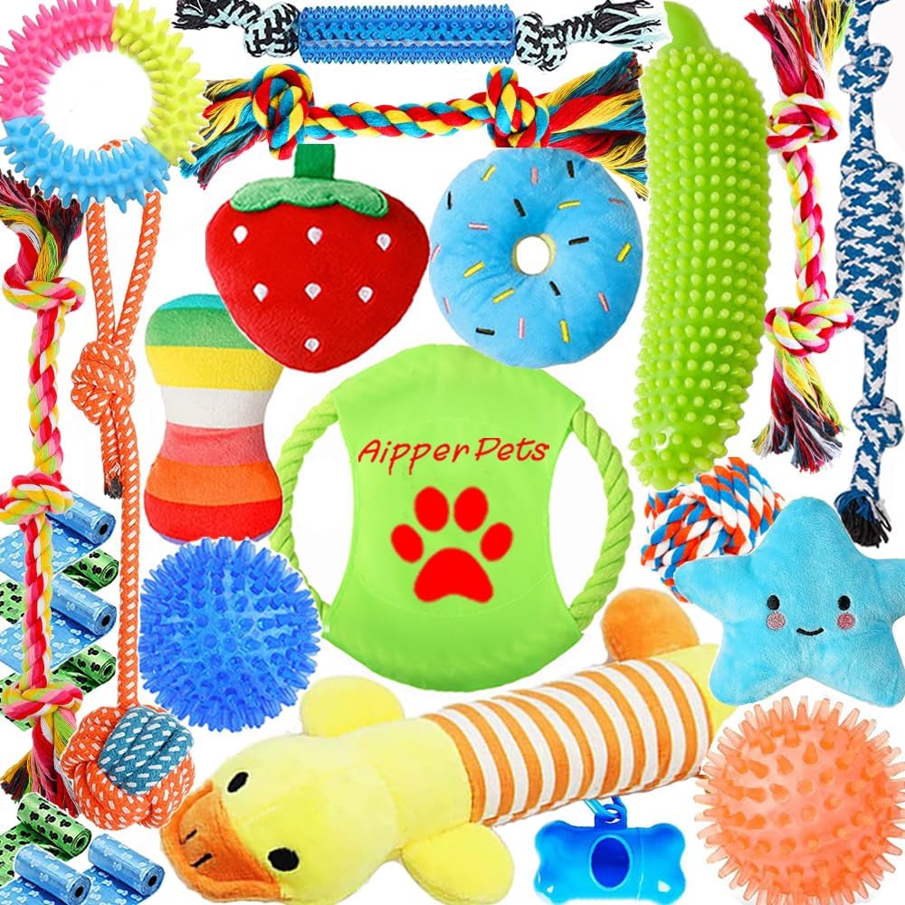 Aipper dog toys 25 pack set featuring plush and rope items