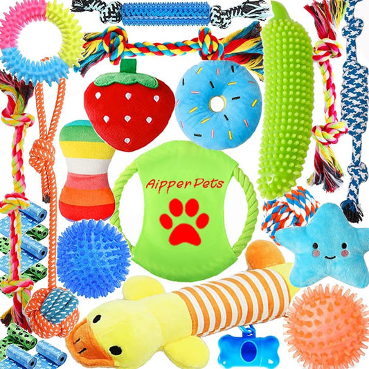 Aipper dog toys 25 pack set featuring plush and rope items