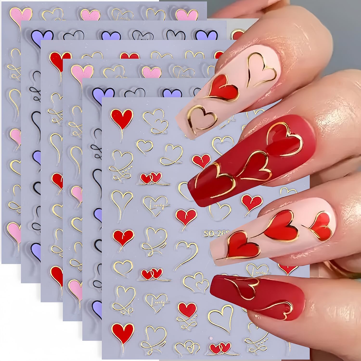 Dainlili heart nail art stickers 6 sheet set front view