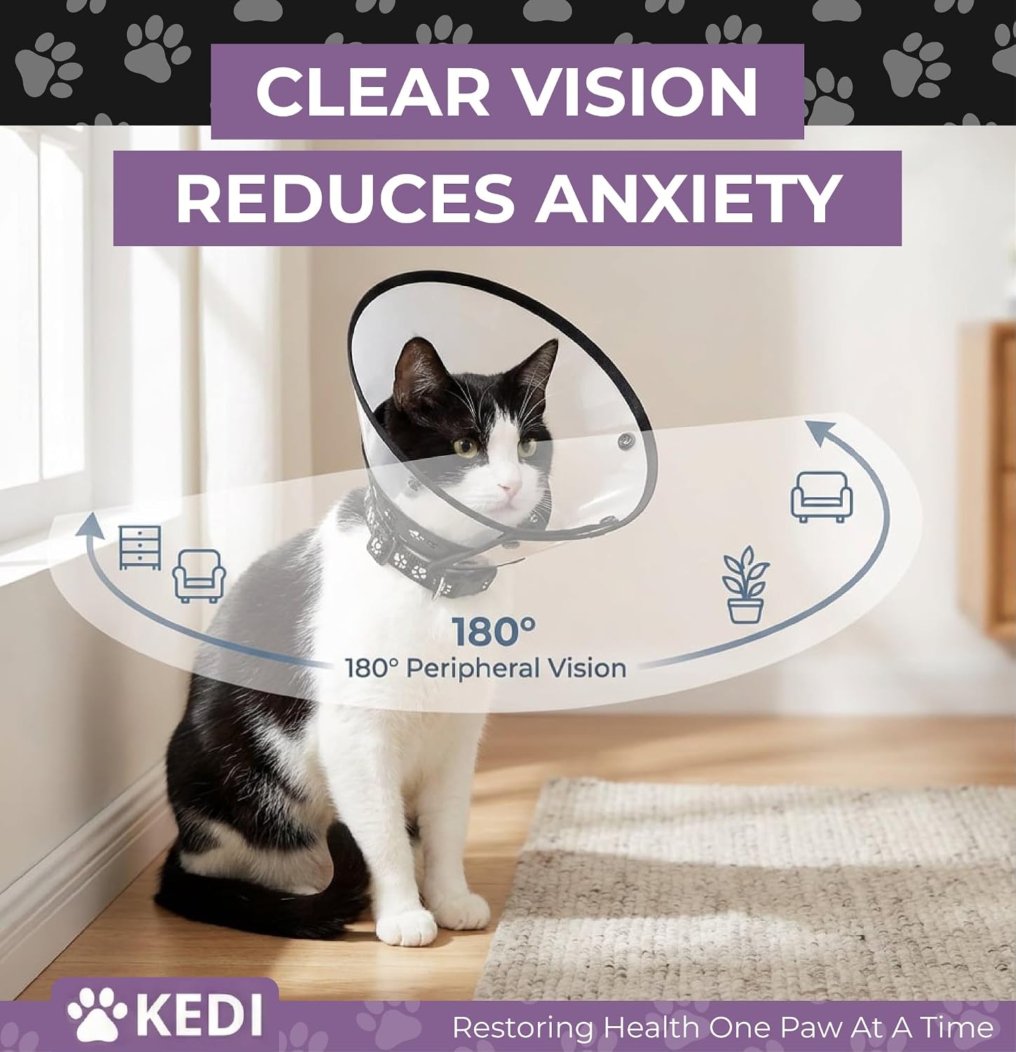 Soft cone for small dogs and felines showing 180 degree view fabric