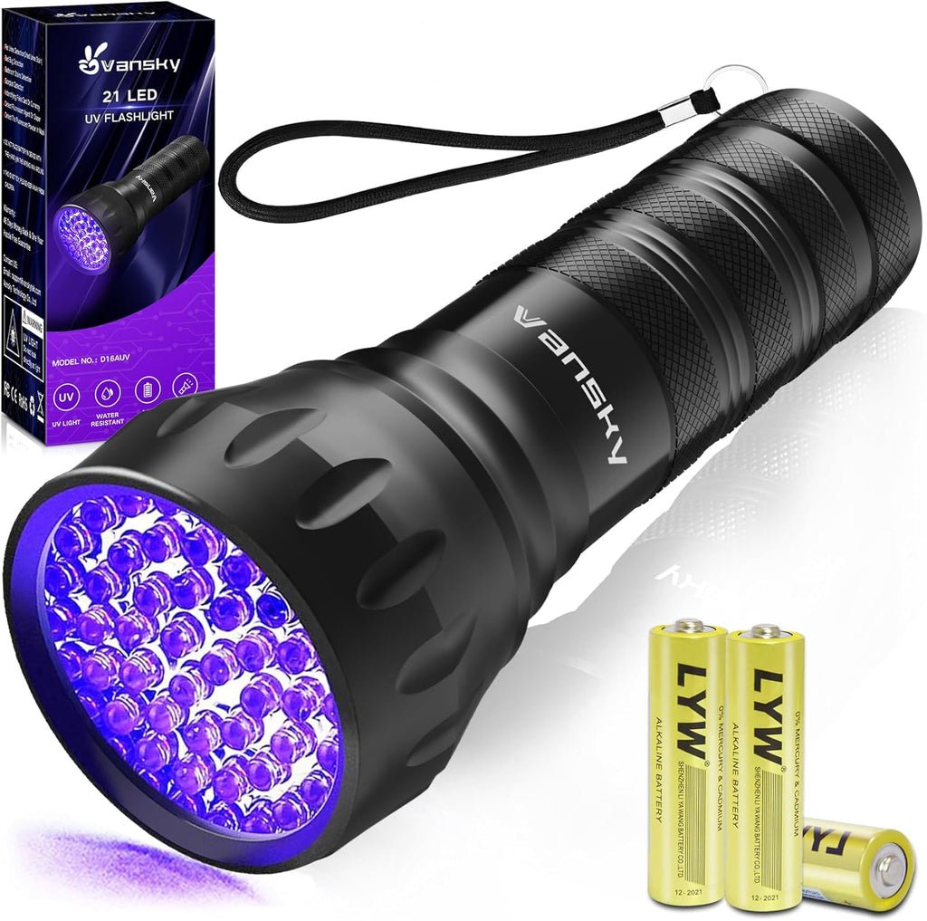 Vansky ultraviolet black light flashlight front view for pet stain detection