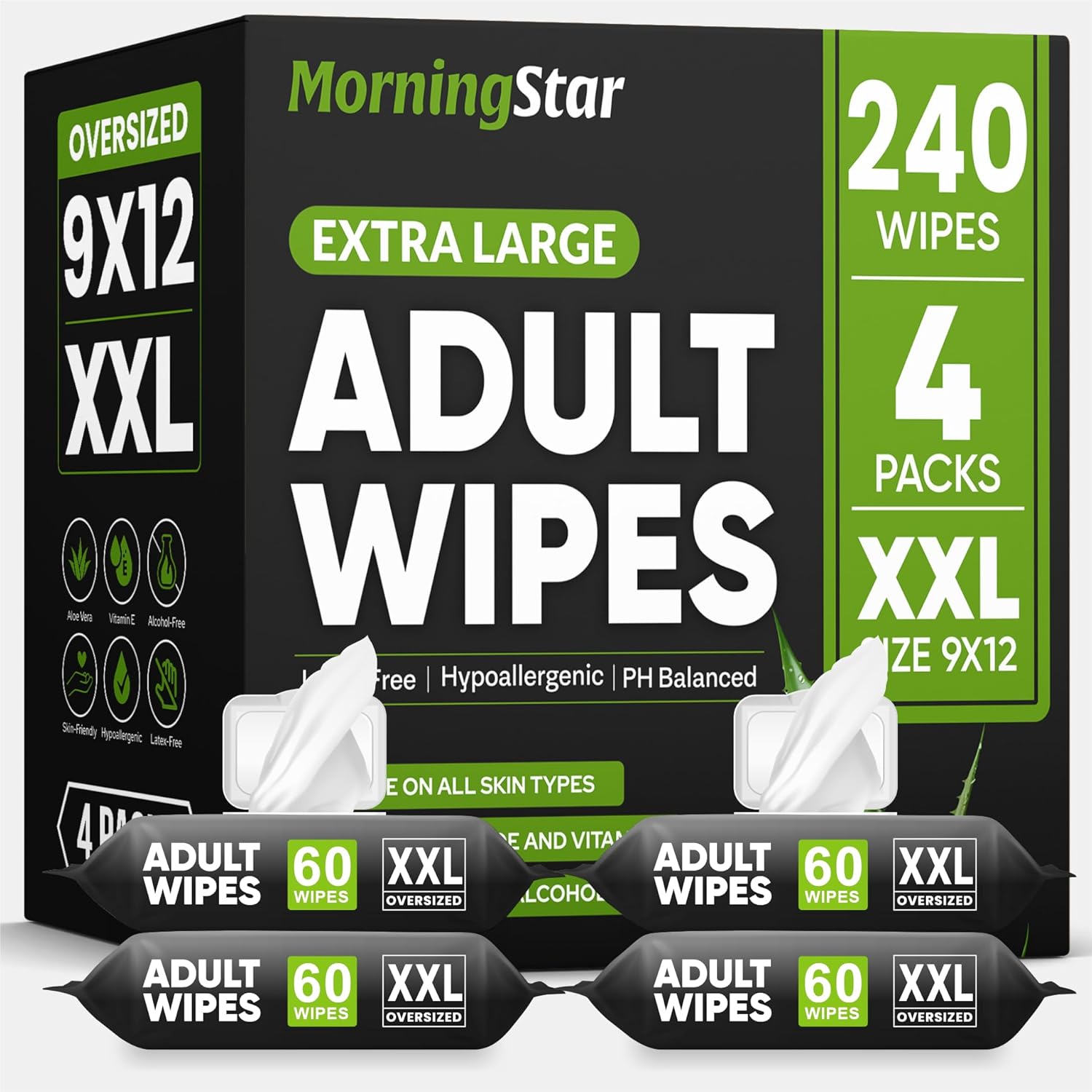 Morning Star adult wipes for elderly front view of the four pack packaging displaying the extra large product details.