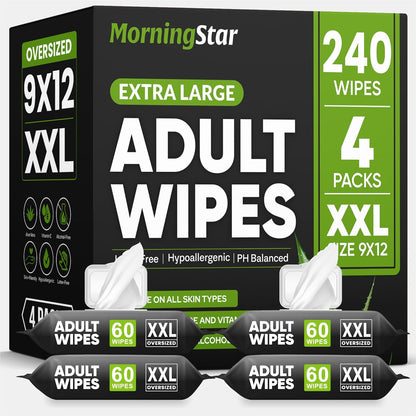 Morning Star adult wipes for elderly front view of the four pack packaging displaying the extra large product details.
