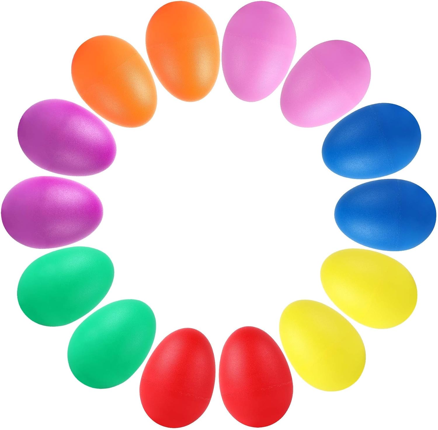 Augshy fourteen piece plastic egg shakers front view showing seven vibrant colors.