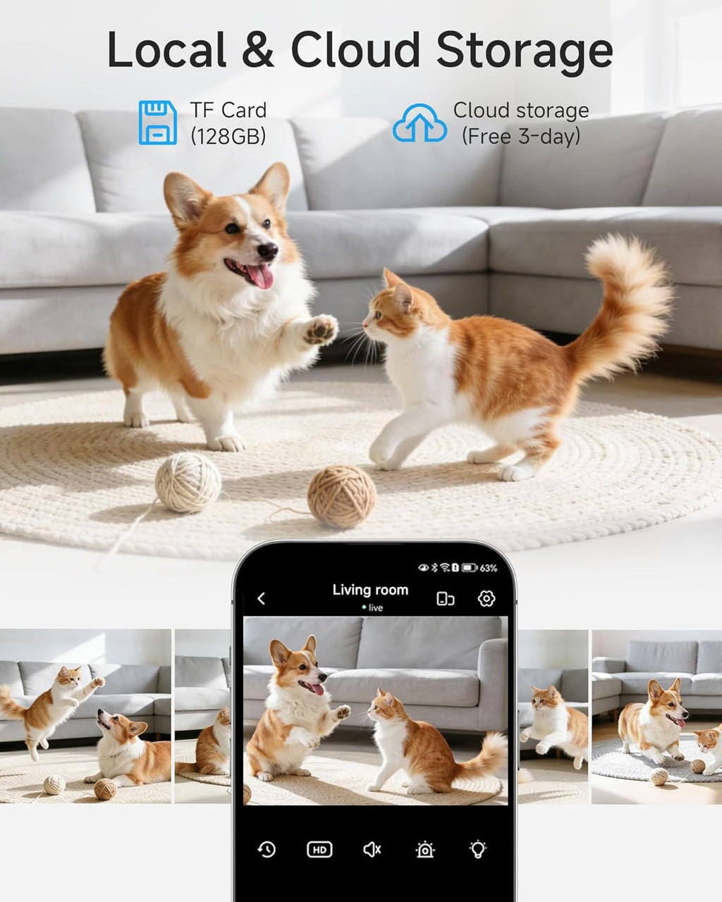 Noorio pet camera with phone app displaying the compact design and USB-C power port