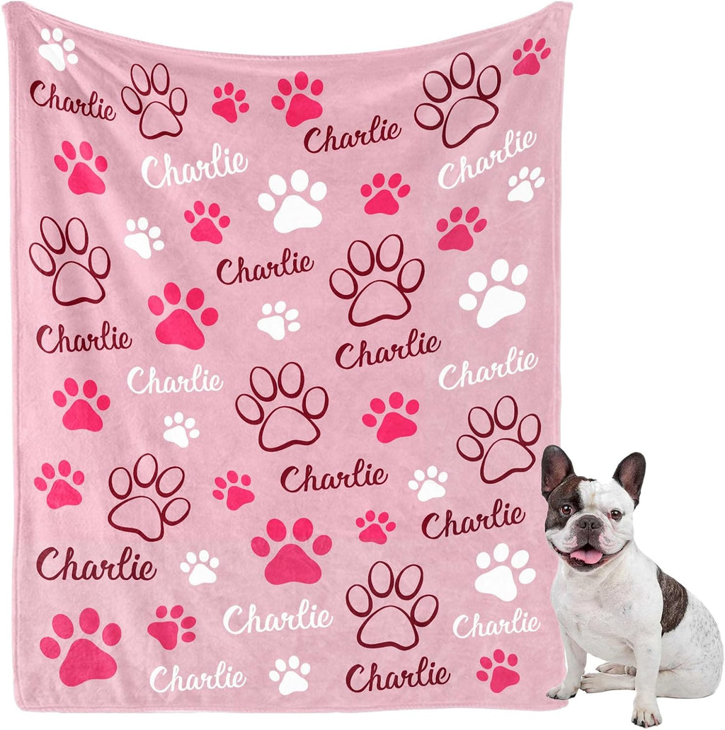 GlisterGlow personalized dog blanket front view showing custom name and paw print design