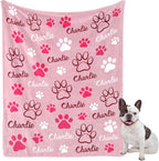 GlisterGlow personalized dog blanket front view showing custom name and paw print design