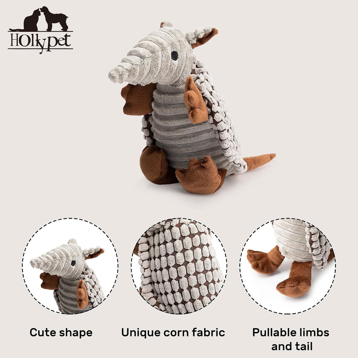 Hollypet stuffed armadillo pet toy showing the unique sound mechanism area