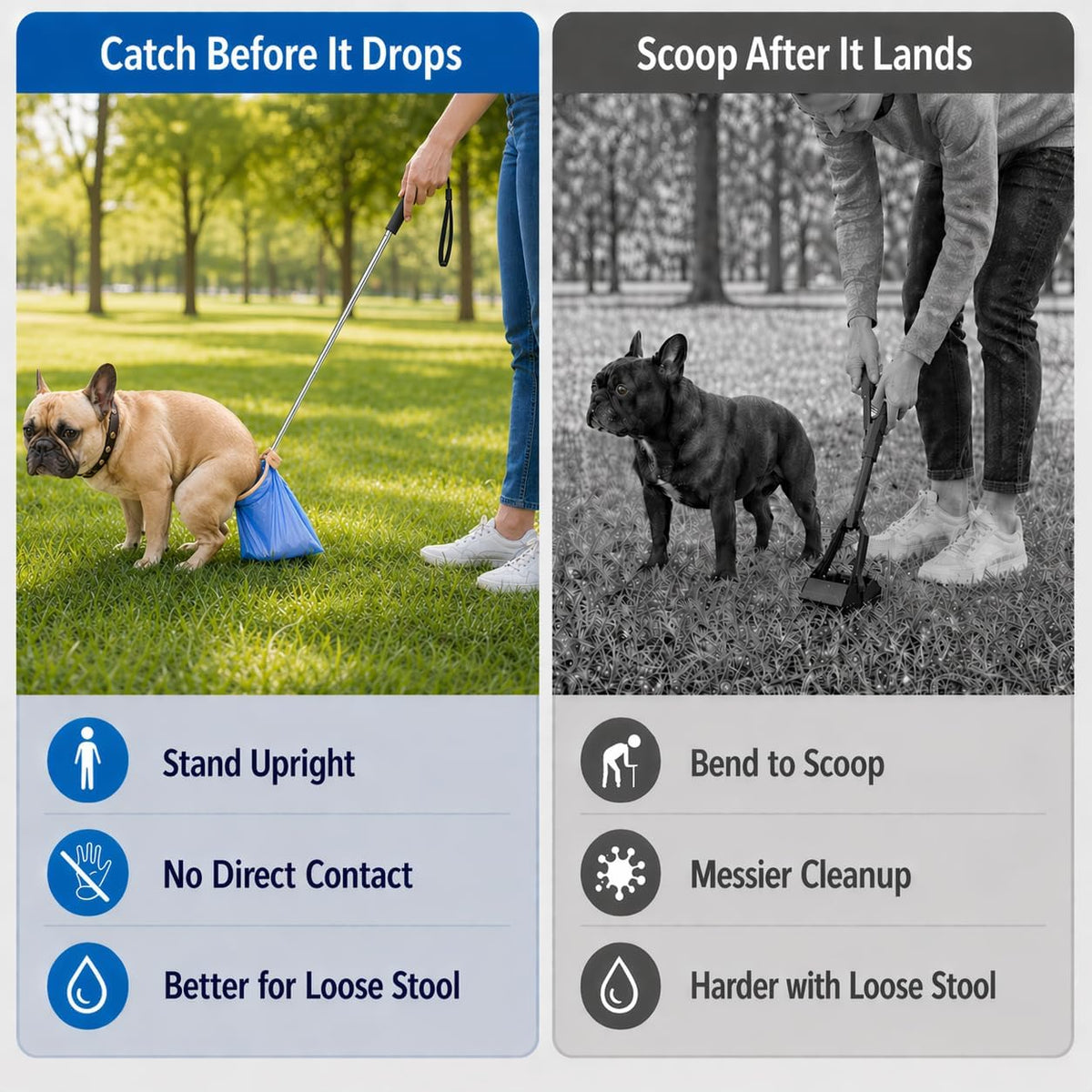 Premium dog poop catcher with a non-slip silicone handle extended to thirty-two inches.