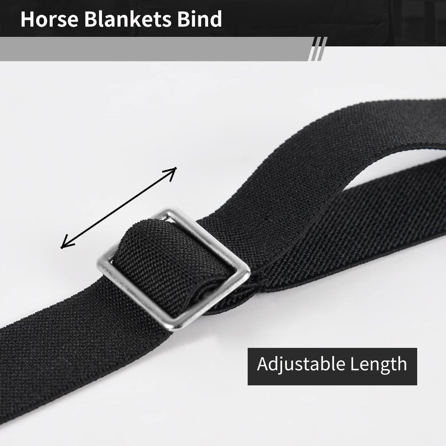 Adjustable slider mechanism on the black GAITWIN horse blanket replacement straps demonstrating length settings.