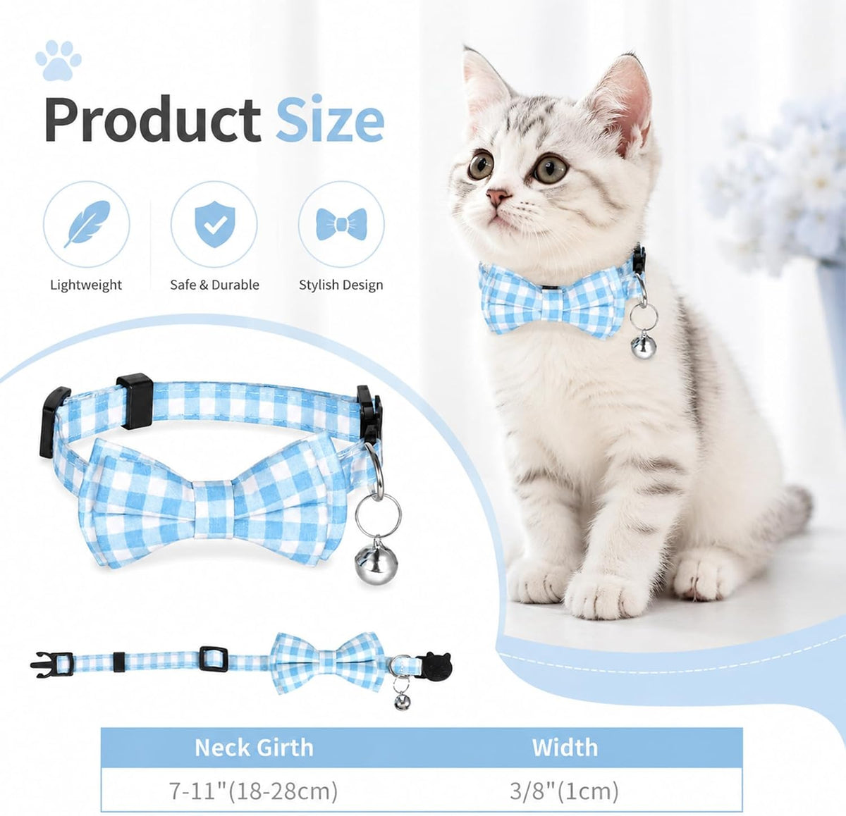 Close up of the removable blue plaid bowtie attached to the soft fabric kitten collar.