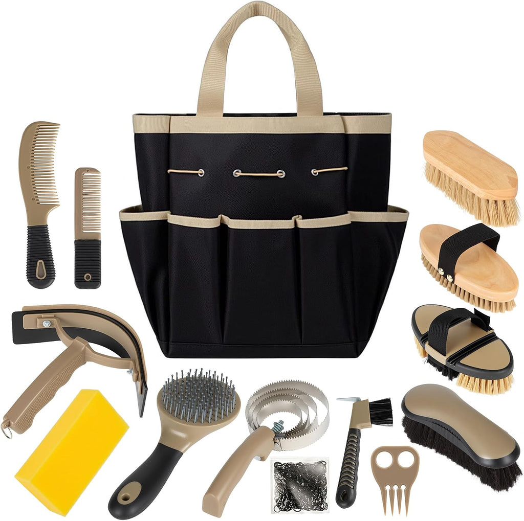 Complete layout of the Rouisxue 14-in-1 imported professional horse grooming kit showing all tools outside the blue travel tote.