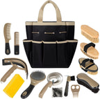 Complete layout of the Rouisxue 14-in-1 imported professional horse grooming kit showing all tools outside the blue travel tote.