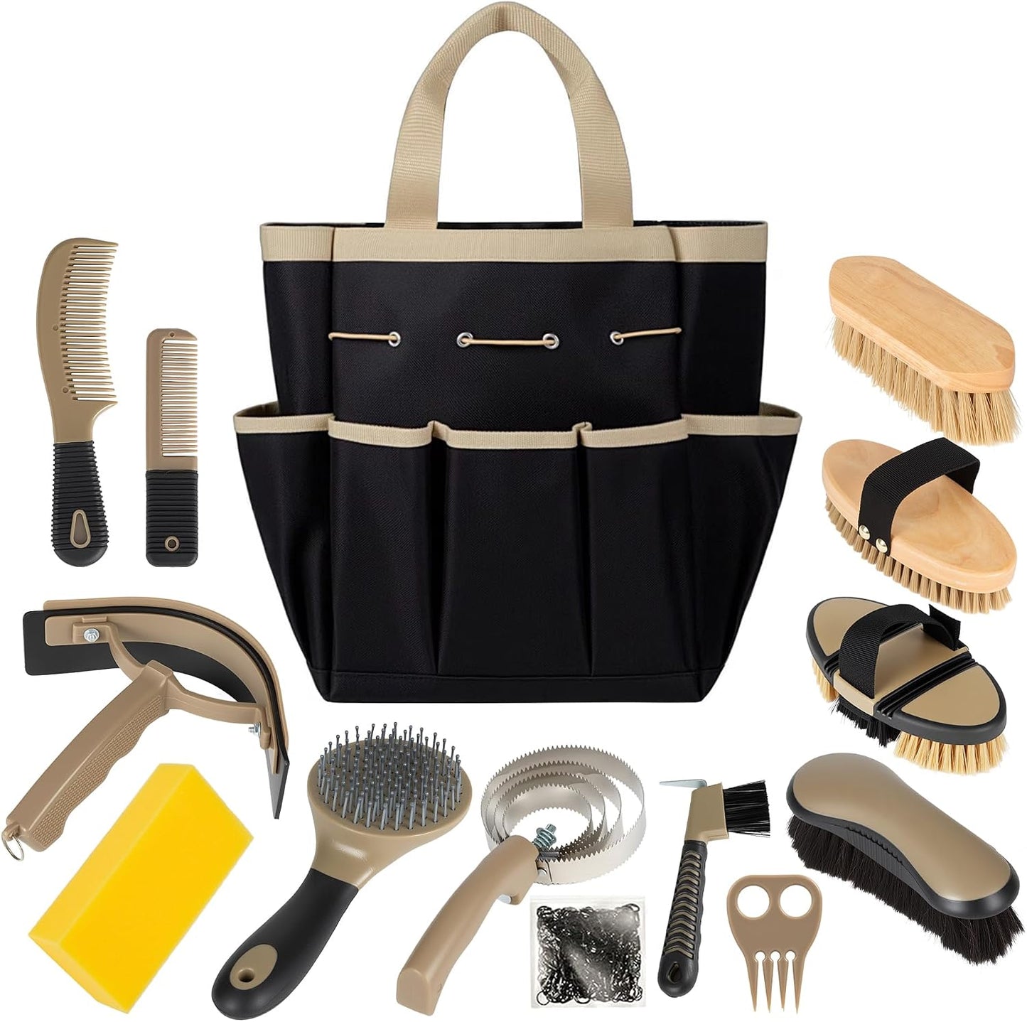 Complete layout of the Rouisxue 14-in-1 imported professional horse grooming kit showing all tools outside the blue travel tote.