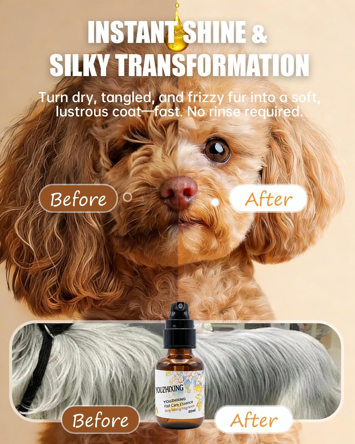 Dog and cat leave-in fur conditioner with collagen bottle close up.