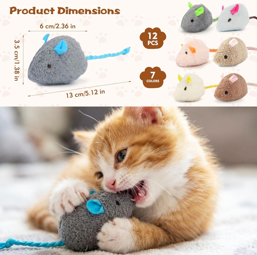 Seven colors of interactive mouse toys for indoor cats displayed together
