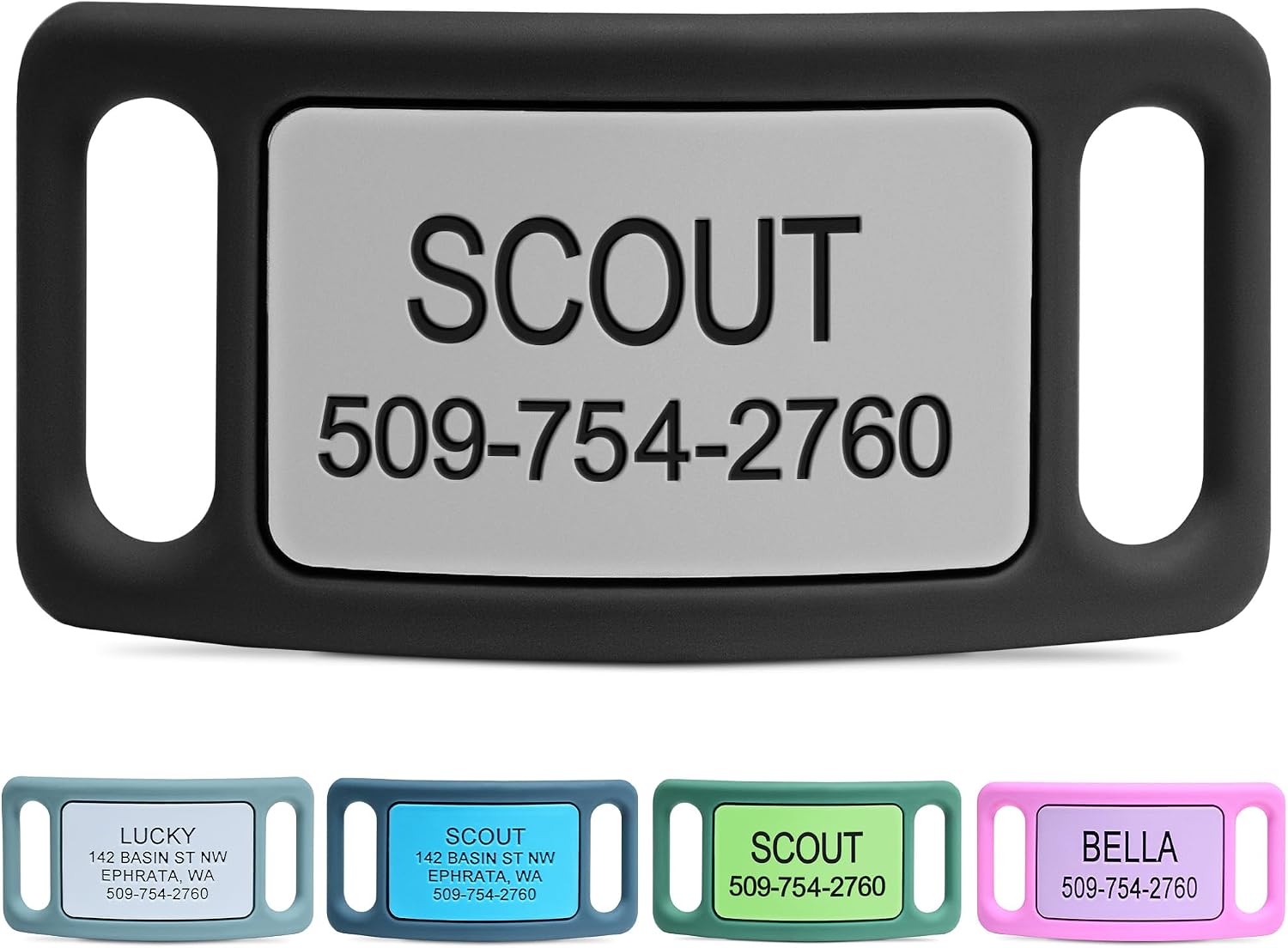 GoTags silent dog tag front view personalized silicone pet identifier