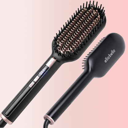 Ella Bella Hair Straightening Brush front view showing premium black titanium bristles and wide paddle design.