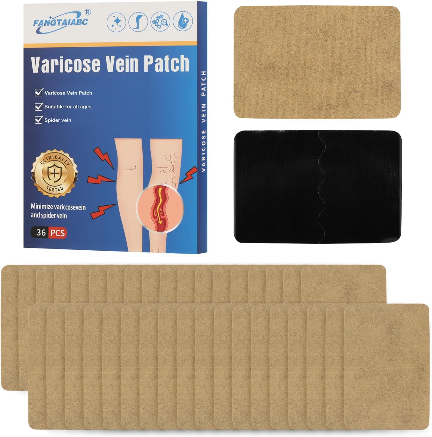 Fangtaiabc Varicose Veins Relief Patches 36 count pack front view for leg circulation.