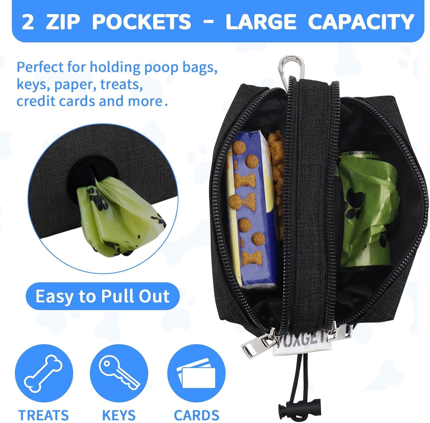 Voxget treat pouch showing dual zipper pockets open