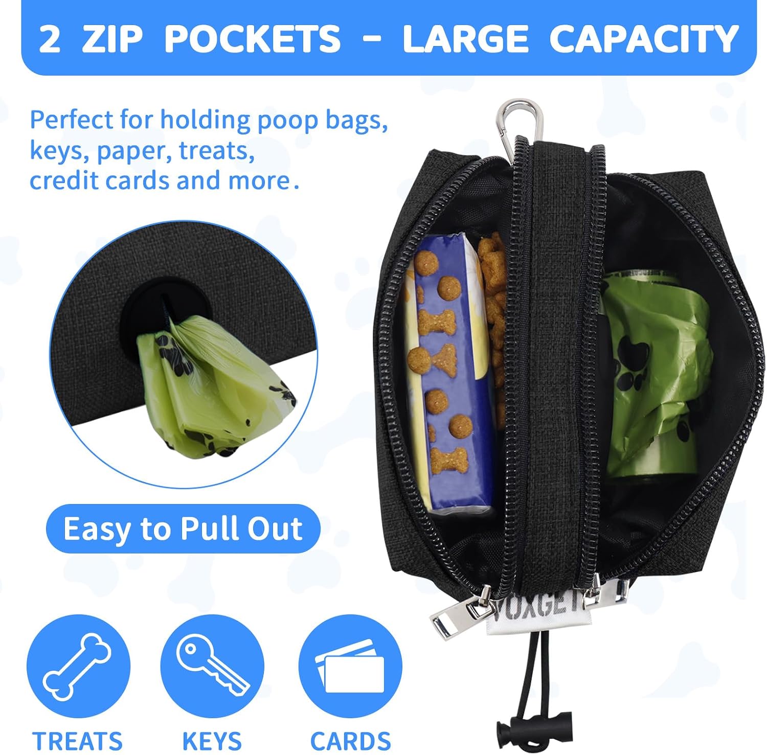 Voxget treat pouch showing dual zipper pockets open