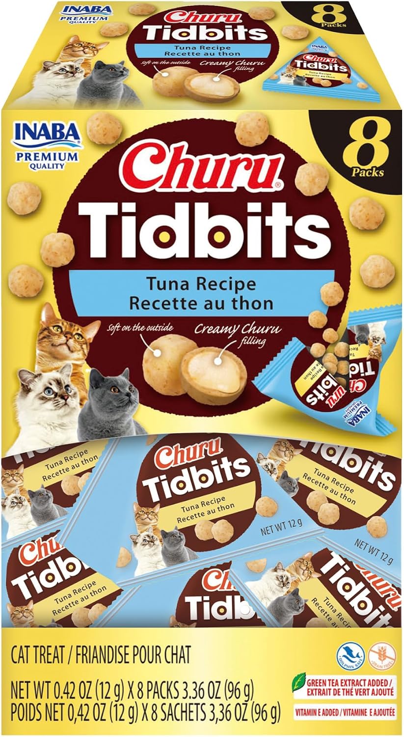 INABA Churu Tidbits for Cats, Soft & Chewy Churu Filled, Baked Chicken Cat Treats with Taurine & Green Tea Extract, 0.42oz per Pack, 8 Packs Total, Tuna & Salmon Recipe - Image 9