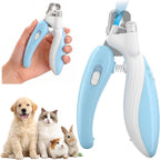 SHAOMABA cat and dog nail clippers front view showing the blue ergonomic handle and built-in light.