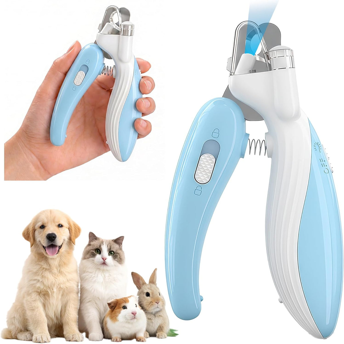 SHAOMABA cat and dog nail clippers front view showing the blue ergonomic handle and built-in light.