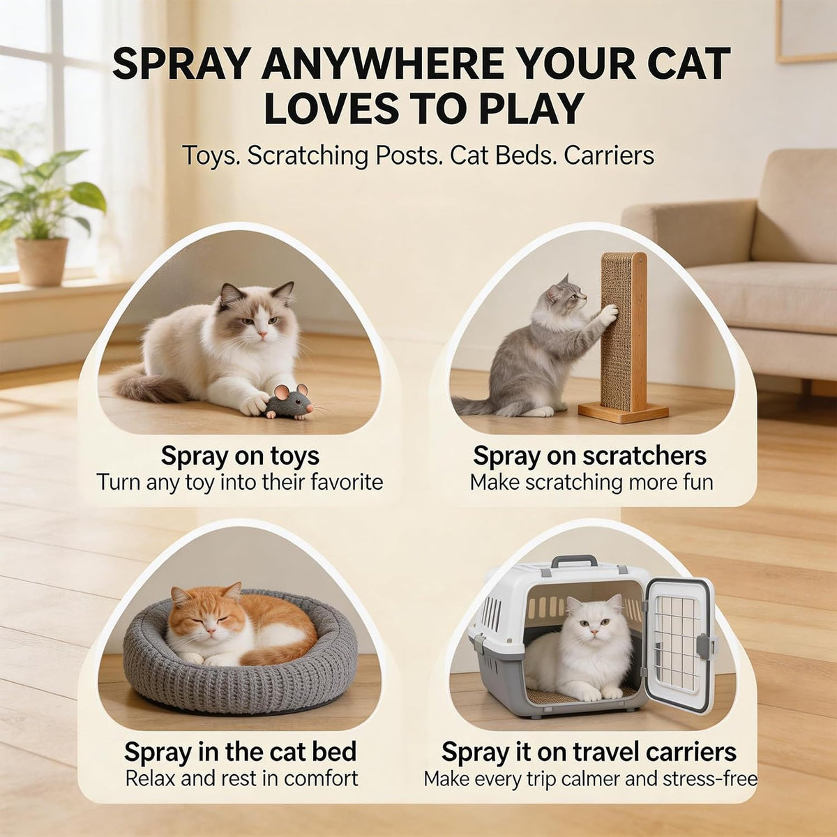 Demonstration of spraying the natural herbal attractant onto a cat scratching post to protect furniture.