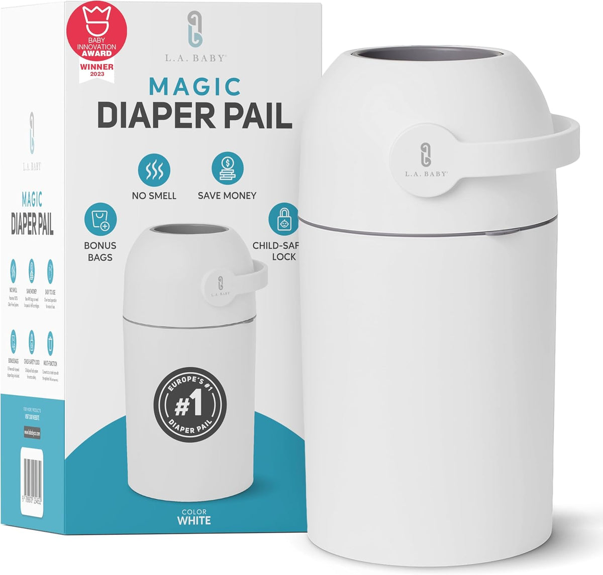 L.A. Baby Magic Diaper Pail front view nursery odor free system white
