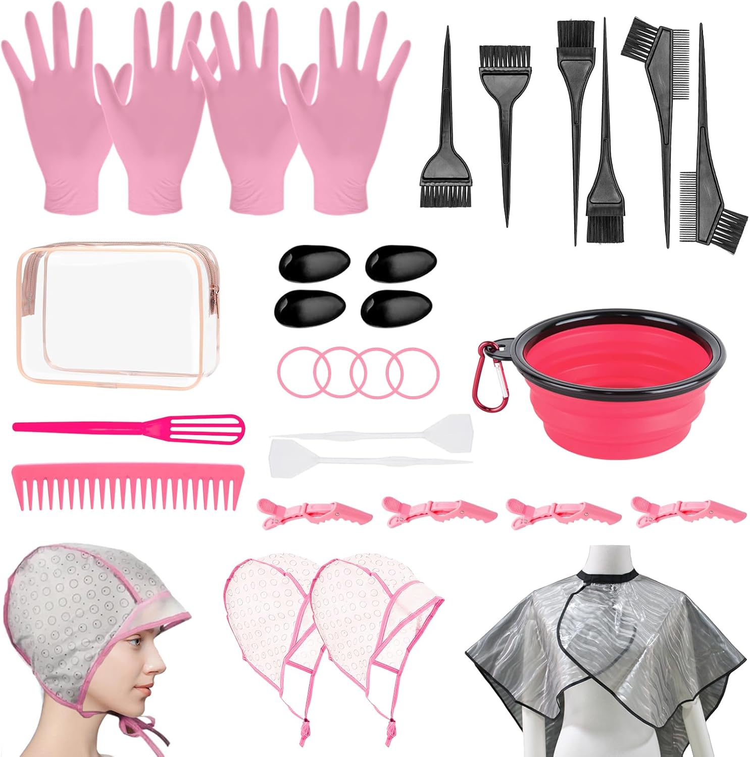 DINTSTYLE hair coloring kit front view showing the complete pink thirty-two piece professional salon set.