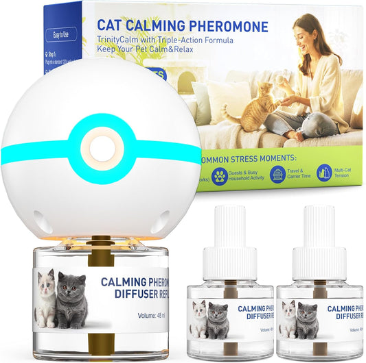 SHIORI TrinityCalm Cat Calming Diffuser Kit packaging front view highlighting the advanced three in one calming formula