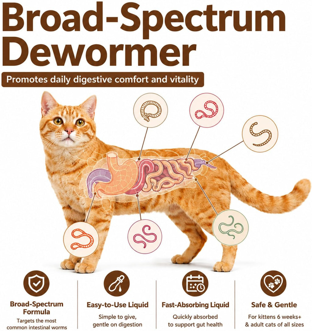 Broad spectrum worm treatment liquid bottle for cats and kittens.