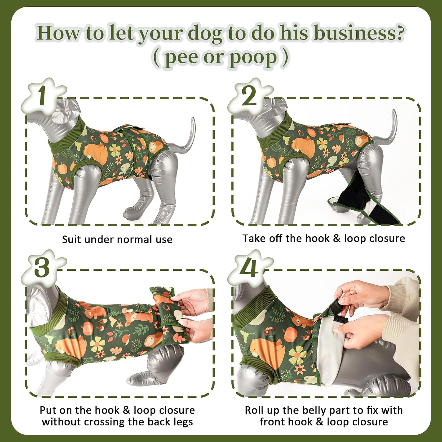 Potty friendly dog surgical shirt with roll up tail panels for easy bathroom breaks