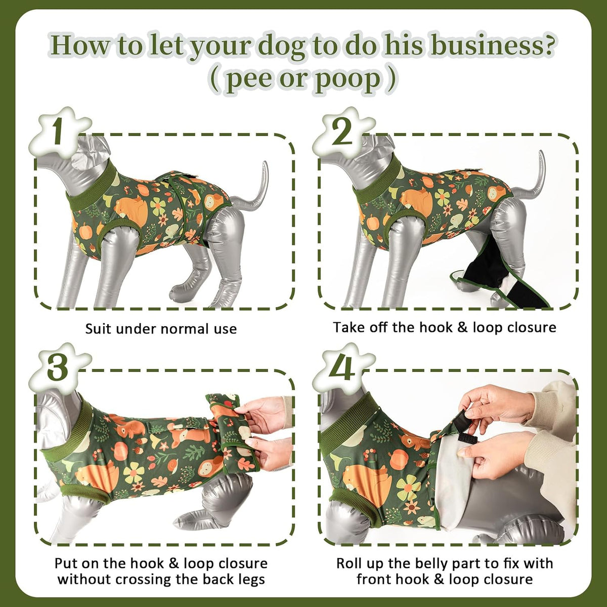Potty friendly dog surgical shirt with roll up tail panels for easy bathroom breaks